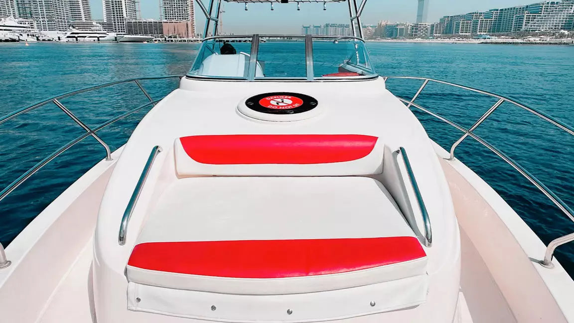 Boat with red and white seats on a body of water with city skyline in the background