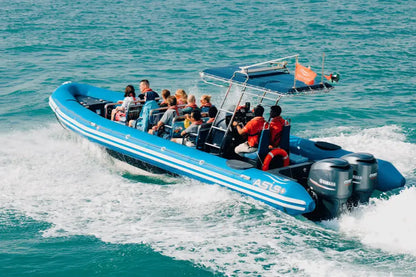 Blue inflatable boat with passengers on a body of water