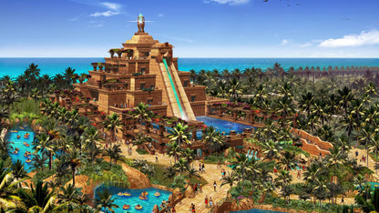 Luxury resort with a pyramid-like structure, pools, and slides surrounded by palm trees and blue sky.