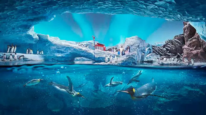 Underwater scene with penguins and ice formations in a large aquarium.