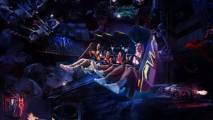 People riding a roller coaster at night with dark and dramatic lighting.