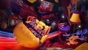 Colorful roller coaster ride with cartoon-themed decorations at an amusement park.