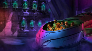 People in a futuristic vehicle with glowing green lights in a dark, sci-fi setting