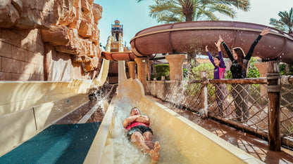 People enjoying a water slide at a water park with palm trees in the background