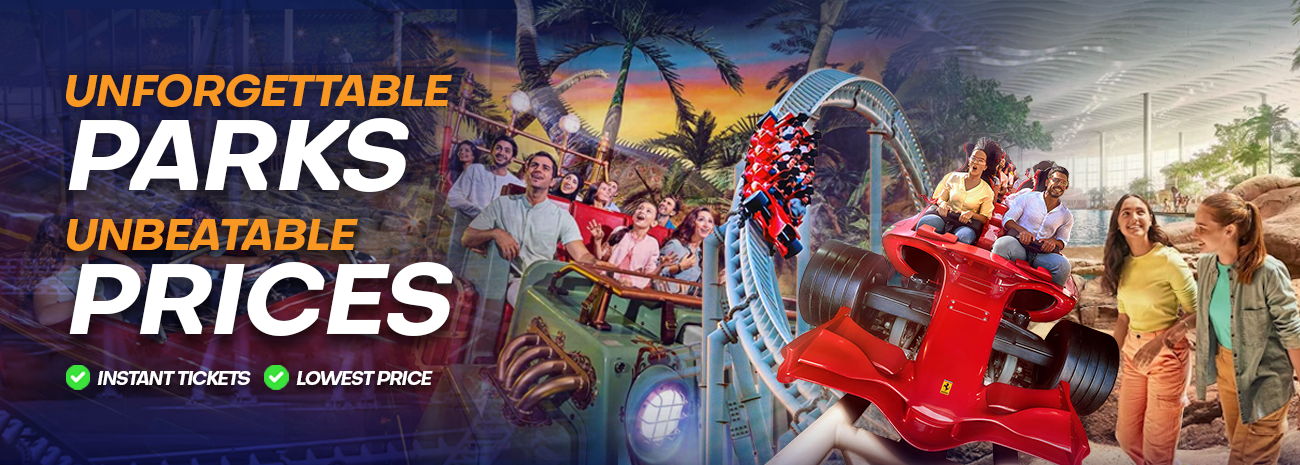 Promotional banner for an amusement park with roller coaster and people, featuring text about unforgettable parks and unbeatable prices.